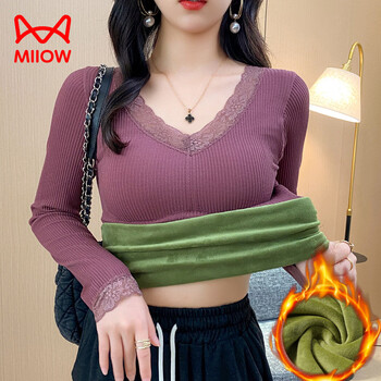 Miiow thermal top women's winter velvet thickened v-neck autumn clothes with tight bottoming shirt heating underwear new purple one size sleeves no velvet (80-140 catties)