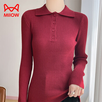Miiow french polo collar pit striped long-sleeved sweater for women autumn and winter solid color slimming pullover with base sweater white m