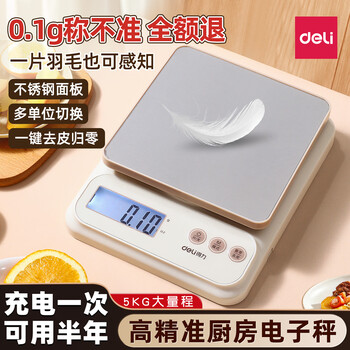 Deli kitchen scale high-precision small electronic scale stainless steel household roasting coffee traditional chinese medicine food scale can be given as a gift rechargeable stainless steel scale pan milk coffee color 5kg 0.5g