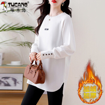Woodpecker (tucano) velvet thickened mid-length butt-covering sweatshirt 2025 autumn and winter new fashion design bottoming shirt winter top white sweatshirt/sweatshirt/unique chic sweatshirt/sweatshirt plus velvet women's/plus velvet m under 100 pounds