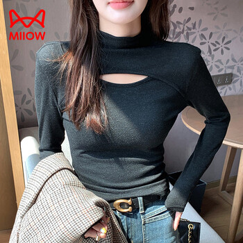 Catman (miiow) splicing and digging holes for autumn and winter new style careful machine bottoming shirt for women half turtleneck hollow hot girl design long sleeves for women black 2xl