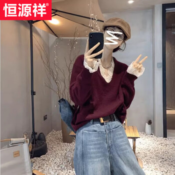 Hengyuan xiang fake two-piece lace stitching v-neck sweater for women 2026 new autumn and winter loose lazy new year red style red l recommended 105-115 pounds