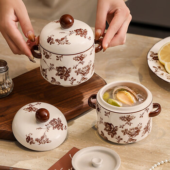 Romance days huaye rose ceramic stew pot with water-proof household steamed egg custard bowl with lid for one person small double-ear soup crock huaye rose ceramic double-ear stew pot*1