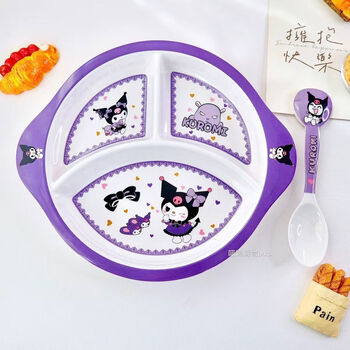 Cat cartoon cute tableware children's set anti-scald baby melamine household student special grid rice bowl dinner plate kurome round three grid plate + spoon