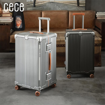 Cece retro extra large capacity aluminum frame suitcase women's thickened, strong and durable men's universal wheel suitcase leather suitcase, streamer silver 28 inches