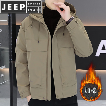 Jeep spirit autumn and winter jacket men's cotton jacket thickened second cotton warm hooded cotton jacket casual cotton clothes c12 khaki l recommended 100-120 catties
