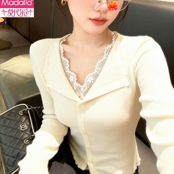 Modal french fungus lapel lace splicing fake two-piece sweater for women autumn and winter new sweater small fragrance style bottoming shirt beige color m 100-115 catties size recommendations are for reference only