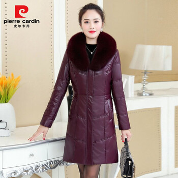 Pierre cardin brand leather women's mid-length imitation alpaca cotton coat 2025 new winter coat for middle-aged and elderly mothers with fur collar, grape purple l