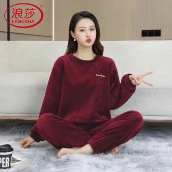 Langsha winter thickened fairy warm pants suit for women in autumn and winter coral velvet warm loose large size pajamas for women coral velvet warm suit-burgundy 2xl recommended 135-155 pounds