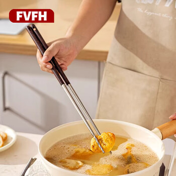 Fvfh316l stainless steel fried long chopsticks hot pot chopsticks kitchen special high temperature fried stuff chopsticks extended noodle chopsticks chicken wing wooden handle 316l extended about 40cm with lanyard