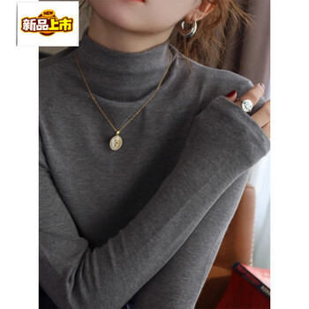 First diameter bottoming shirt for women with popular new style black half-high collar that can be worn outside in autumn and winter, dark gray top, rock flower gray plus velvet, thickened m