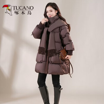 Woodpecker's new winter style mother's wear mid-length hooded down jacket women's design scarf thickened top