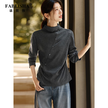 Fabesa brand design button half turtleneck bottoming shirt t-shirt for women autumn and winter pinch pleated waist slimming inner top dark gray m