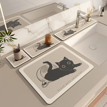 Fantasy washbasin absorbent pad diatom mud kitchen bar sink narrow edge drain pad bathroom sink countertop mat black cat coffee color in teacup 10x60cm suitable for faucets with default opening 6.35cm