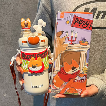 Yusenyi big mac thermos cup for girls 2025 new large large capacity ice cup ton bucket straw office water cup (exquisite color box) puppy party thermos cup 520ml-cup brush-sticker