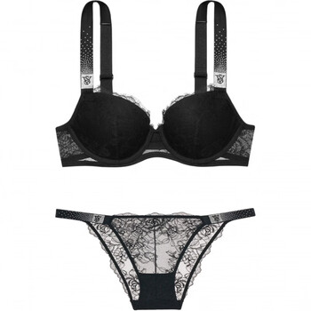 Victoria's secret letter v-shaped fixed double strap bra low-waist triangle underwear set for women suit (black) m 34c+(75c+m)