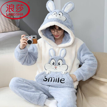Langsha coral velvet pajamas men's autumn and winter thickened velvet hooded cartoon male student winter flannel home clothes set zs-9902 male m small size (80-100) jin