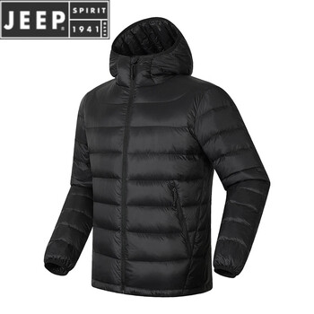 Jeep spirit three-proof lightweight 90 white duck down light and thin hooded rib down jacket for men winter new couple coat women black three-proof black technology l