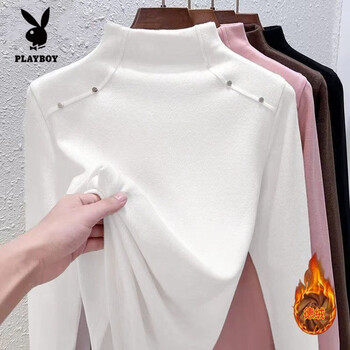 Playboy (playboy) 2025 half turtleneck double-sided german velvet thickened bottoming shirt for women long-sleeved autumn and winter new style plus velvet inner warm top for women white half turtleneck german velvet 2xl 120-135 catties