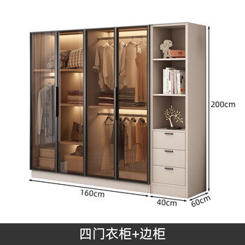 Taifan light luxury solid wood glass door wardrobe home bedroom modern simple large wardrobe floor-standing wardrobe customizable cabinet main cabinet + side cabinet 160*60*200 four doors