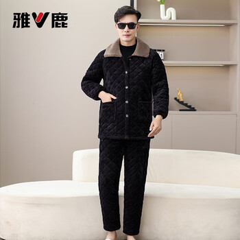 Yalu winter pajamas plus velvet and thickened three-layer quilted home clothes coral suit cold-resistant warm cotton coat and cotton pants two-piece set black corduroy suit top + pants s small size weight 90-120 pounds