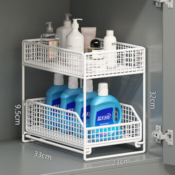 Tuojin imported high-quality double-layer bathroom sink storage rack from germany, pull-out sandwich bathroom supplies cabinet, elegant white large size - integrated and smooth pull-out