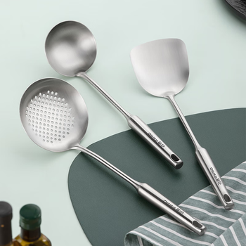 Camellia stainless steel hollow frying spoon, soup spoon, colander, three-piece set, food grade material, household cooking spatula, stainless steel hollow handle, three-piece set