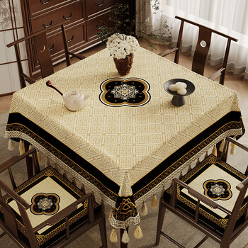 He jiagong new chinese style square table square dining table fabric high quality eight immortals table cloth square table mahjong misty rain in the world four sides b tassel micheline 130*180cm including tassel size