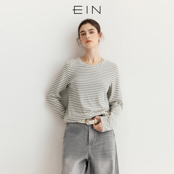 Ein pure literary contrast striped round neck loose casual long-sleeved t-shirt tops for women 2026 early spring new style light gray s