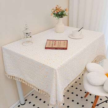 Musong tablecloth desk rectangular coffee table cover cotton and linen ins style japanese pastoral living room decoration printed tassel white daisy 140x200