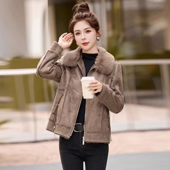 Mucha lily fur one-piece velvet thickened coat for women autumn and winter 2025 new high-end short imitation deerskin fur collar top camel color. m