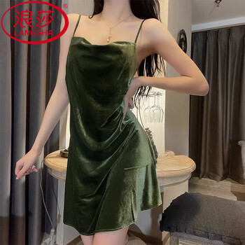 Langsha autumn and winter sexy lace suspender nightgown for women, pure lust style gold velvet pajamas, light luxury outer robe, home wear, can be worn outside, green single piece m 80-105 catties