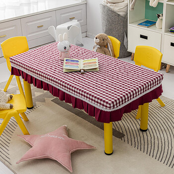 Yonghuan kindergarten tablecloth oil-proof and waterproof table cover student rectangular plaid anti-slip tablecloth customized table cover cover simple plaid + wine red 60x120 tablecloth + 1.5 pc thickened dyed fabric)