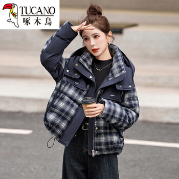 Woodpecker (tucano) plaid splicing short down jacket women 2026 winter new fashion small white duck down hooded jacket trendy navy (upgraded fabric) m recommended 110-120 catties