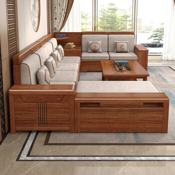 Pupan walnut all solid wood sofa living room winter and summer dual-use modern chinese style corner storage rural wood sofa corner combination four-seat imperial concubine step corner cabinet single coffee table tv cabinet