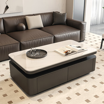 Linjie living room slate coffee table rectangular household marble microcrystalline tea table modern simple light luxury high-end coffee table black frame black cabinet (one side double drawer) 100 glossy fish belly white slate