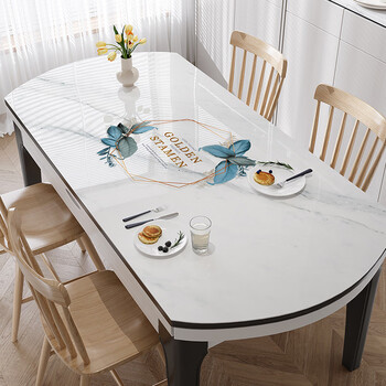 Fantasy pvc waterproof table mat, no-wash anti-tablecloth, simple modern style, foldable anti-scalding design, blue frost leaves, middle oval part 90x150cm