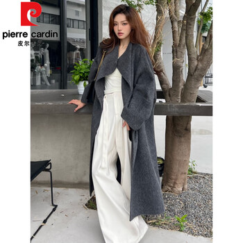 Pierre cardin yellow double-sided cashmere coat for women 2025 autumn and winter new korean style lapel mid-length woolen coat high-end gray m suitable for 130-160 pounds