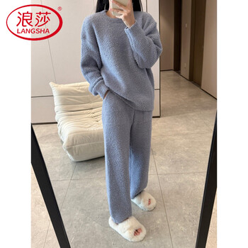 Langsha soft half-velvet pajamas for women in autumn and winter, thickened plush warm natural red coral velvet home wear set, purple gray (with trouser pockets) m (80-110 pounds)