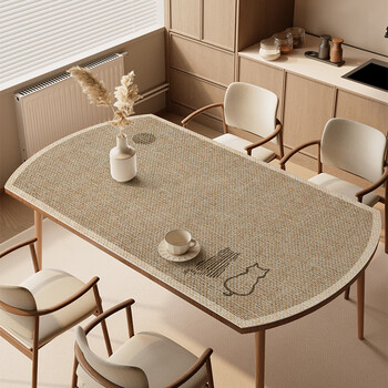 Fantasy oval table mat, high-end tablecloth, waterproof and anti-washable leather mat, folding round table coffee table tablecloth, wabi-sabi line cat shading, support free customization of any size