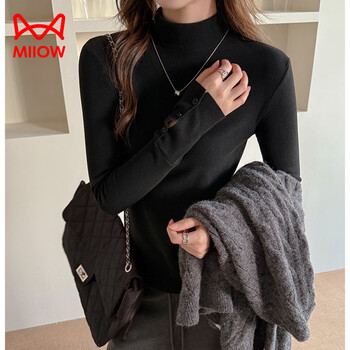 Miiow sheep, velvet semi-turtle collar autumn and winter long-sleeved bottoming shirt for women that can be worn outside long-sleeved t-shirt design top black s (suitable for weight 70-95 pounds)