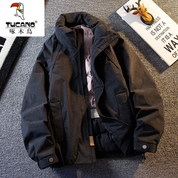 Woodpecker (tucano) new retro imitation suede workwear down jacket men's trendy brand short loose warm duck down stand collar jacket black national standard 90 down m (110-130 pounds)