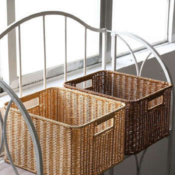 Yusenyi cabinet storage basket imitation rattan weaving storage box living room organizing basket checkered cabinet drawer set walnut color 32x26.5x20cm single pull hand