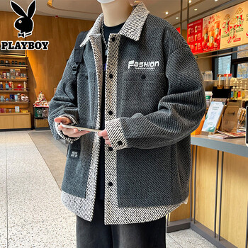 Playboy (playboy) jacket men's autumn and winter 2025 new shirt style jacket men's lapel winter gown loose casual thickened cotton clothes c1 gray spring and autumn style xl recommended 120-140 catties