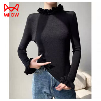 Miiow sweet age-reducing lotus leaf collar double-layer lace lapel slim-fitting sweater with slimming temperament and lightweight bottoming shirt for women, black, one size fits all