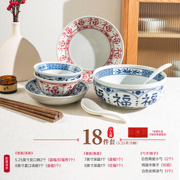 Sheli chinese-style blessing rice bowl household 2026 new ceramic tableware bowl and plate set eating bowl dish plate small bowl for two people _5.25 inch bowl 18-piece set