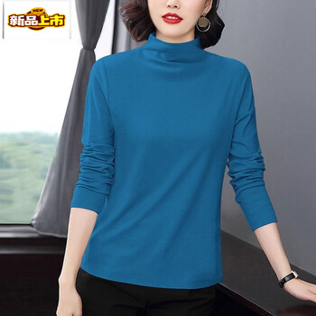 Chujing ounixue high-neck long-sleeved t-shirt women's pure cotton bottoming shirt spring, autumn and winter new solid color simple temperament long-sleeved blue counter style s recommended 75-90 pounds