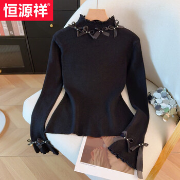 Hengyuanxiang beaded bow half turtleneck sweater for women autumn and winter high-end new year red temperament slim bottoming shirt black one size