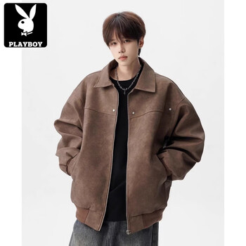 Playboy (playboy) american trendy brand pu leather jacket cotton coat boys winter high street cotton jacket loose casual flying motorcycle cotton jacket brown jacket 1 xl