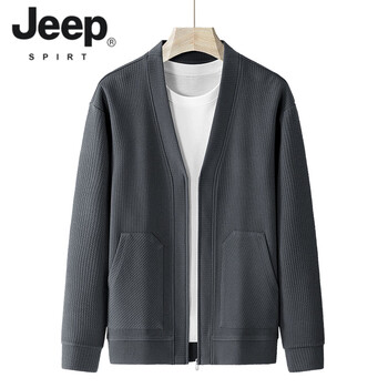 Jeep spirit spring large size knitted jacket men's fat collarless zipper cardigan plus fat enlarged loose casual jacket trendy gray m